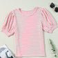 Pink Stripe Textured Puff Sleeve Crewneck Top