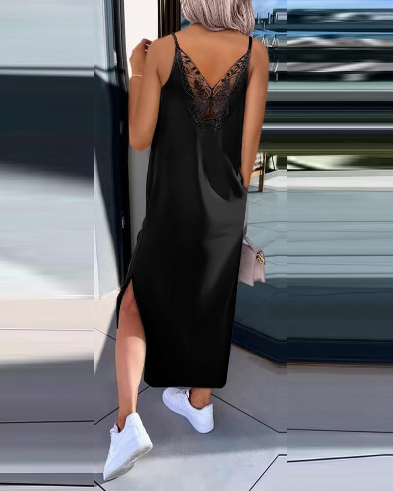 Butterfly Pattern Contrast Lace Slit Casual Dress