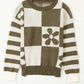 Green Checkered Floral Print Striped Sleeve Sweater