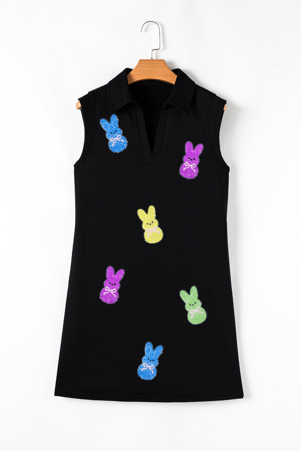 Black Sequin Bunny Doll Graphic Collared Sleeveless Mini Dress