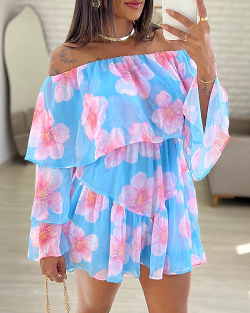 Floral Print Off the Shoulder Ruffles Mini Dress Casual Long Sleeve A Line Flowy Dress