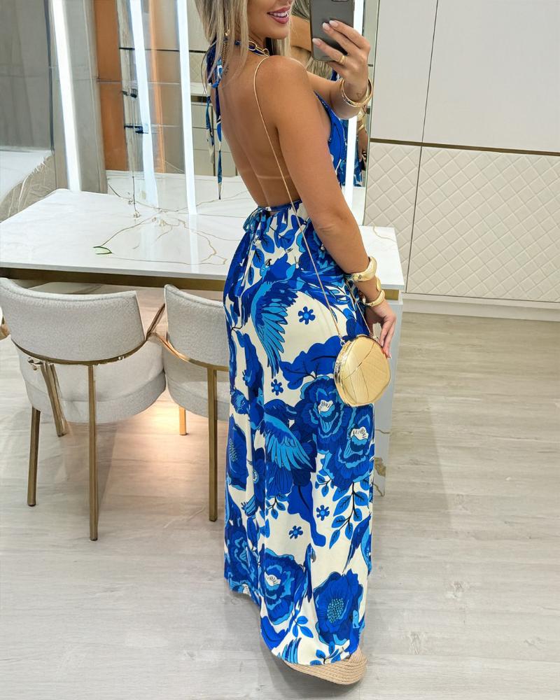 Tropical Print Halter Backless Maxi Dress Casual Tied Detail A Line Dress