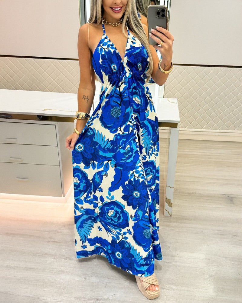 Tropical Print Halter Backless Maxi Dress Casual Tied Detail A Line Dress