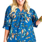 Blue Floral Notched V Neck Half Sleeve Plus Size Blouse
