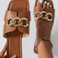 Chestnut Metal Chain Decor Square Toe Faux Leather Slippers