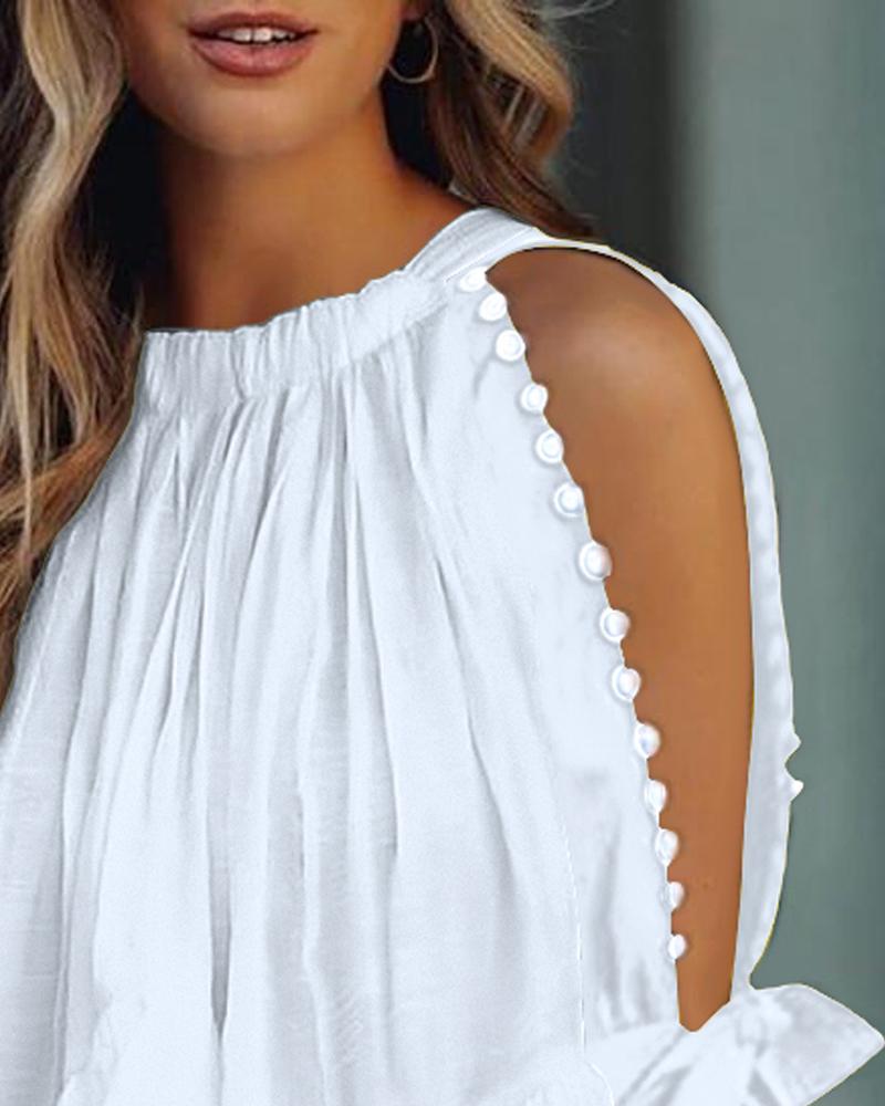 Ruffle Hem Beaded Decor Split Sleeve Top