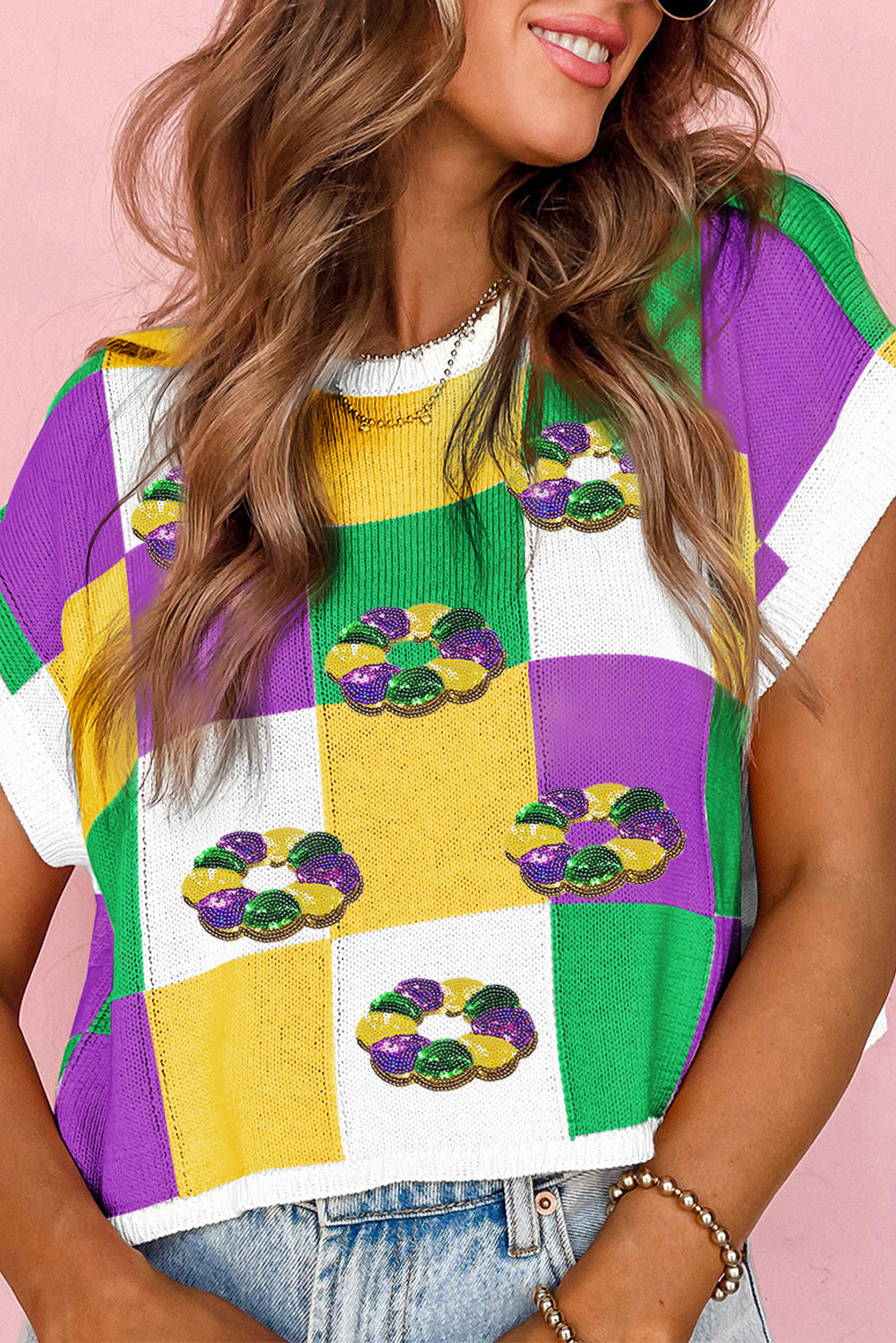 Tillandsia Purple Sequin Doughnut Graphic Colorblock Checkered Short Sleeve Sweater