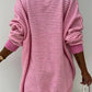 Pink Striped Scallop V Neck Loose Sweater with Slits