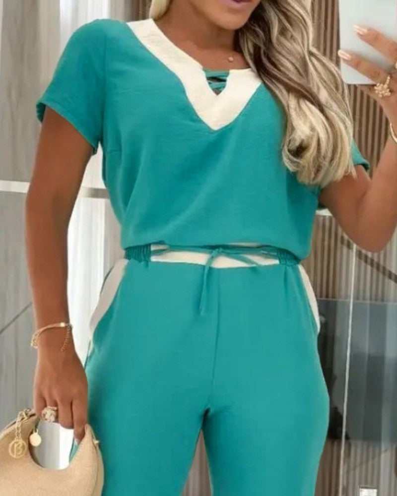 2 Pieces Colorblock V Neck Short Sleeve Top and Casual Drawstring Waist Pants Set