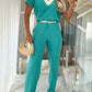 2 Pieces Colorblock V Neck Short Sleeve Top and Casual Drawstring Waist Pants Set