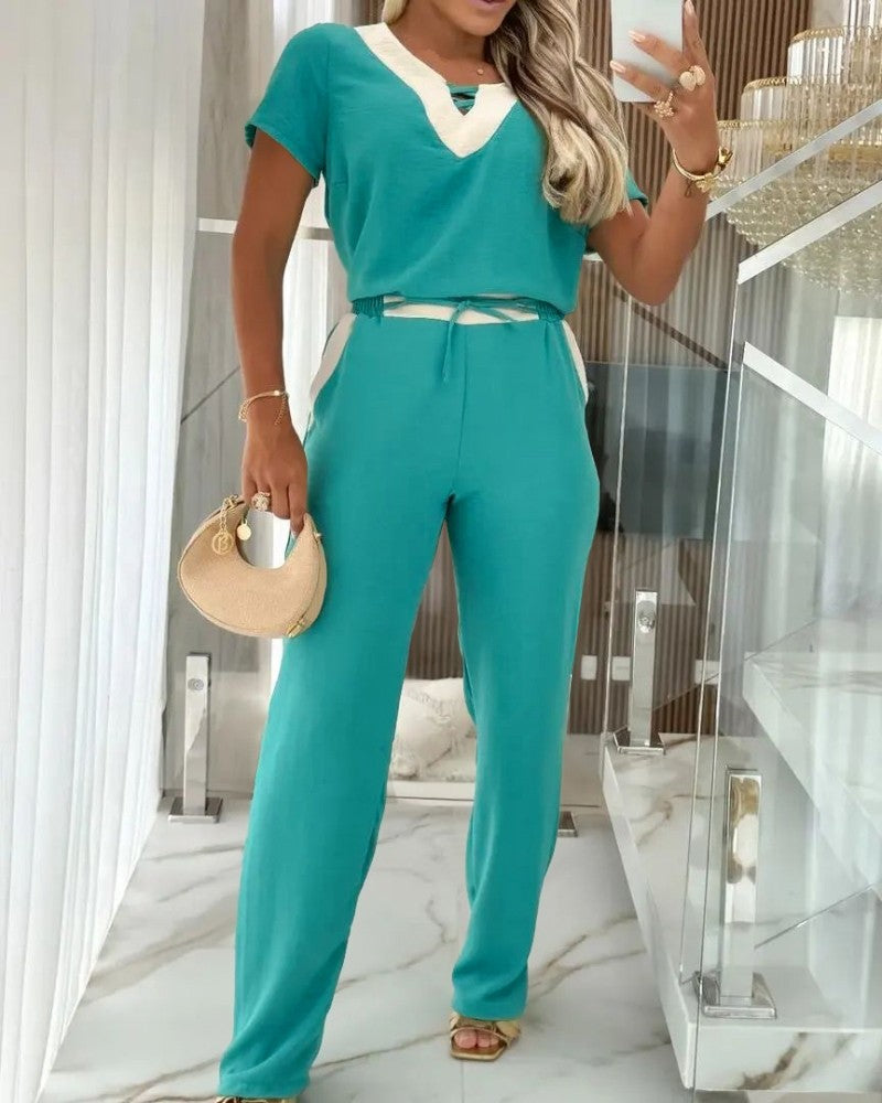 2 Pieces Colorblock V Neck Short Sleeve Top and Casual Drawstring Waist Pants Set