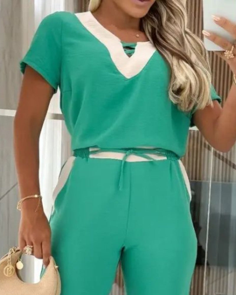 2 Pieces Colorblock V Neck Short Sleeve Top and Casual Drawstring Waist Pants Set