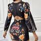Cutout Lantern Sleeve Floral Print Bodycon Dress