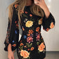 Cutout Lantern Sleeve Floral Print Bodycon Dress
