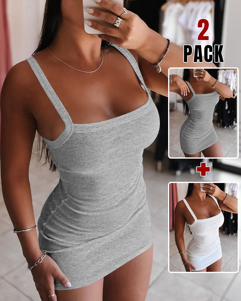 2PCS Bandeau Spaghetti Strap Sleeveless Bodycon Dress Sexy Slim Fit Mini Dress