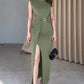 Boat Neck Sleeveless Ruched Evening Dress Metal Ring Decor Side High Slit Maxi Dress