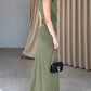Boat Neck Sleeveless Ruched Evening Dress Metal Ring Decor Side High Slit Maxi Dress