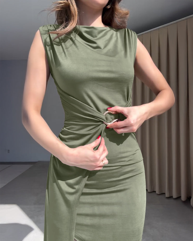 Boat Neck Sleeveless Ruched Evening Dress Metal Ring Decor Side High Slit Maxi Dress
