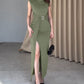 Boat Neck Sleeveless Ruched Evening Dress Metal Ring Decor Side High Slit Maxi Dress