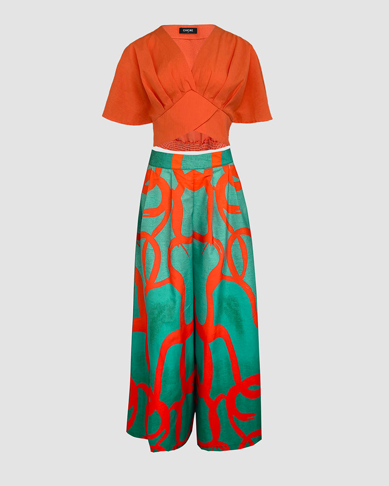 2 Pieces Outfit Plain V Neck Short Sleeve Ruched Top and Casual Floral Print Wide Leg Pants Set