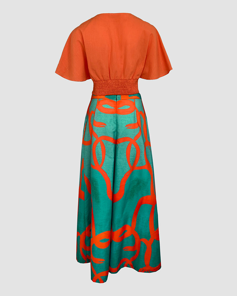 2 Pieces Outfit Plain V Neck Short Sleeve Ruched Top and Casual Floral Print Wide Leg Pants Set