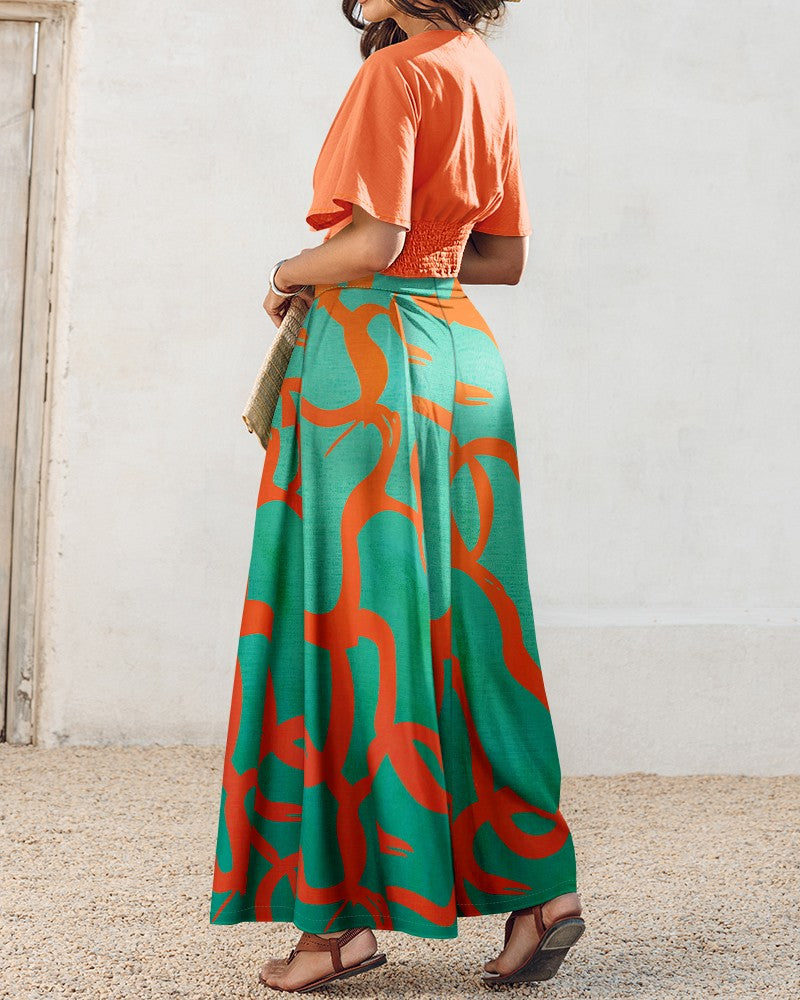 2 Pieces Outfit Plain V Neck Short Sleeve Ruched Top and Casual Floral Print Wide Leg Pants Set