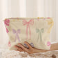 Beige Bow Knot Print Zipper Corduroy Large Cosmetic Bag