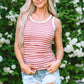 Pink Stripe Contrast Round Neck Sleeveless Slim Top