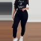 2 Pieces Letter Print Round Neck Sheer Mesh Patchwork Top and Casual Pocket Design Slim Fit Pants Set