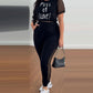 2 Pieces Letter Print Round Neck Sheer Mesh Patchwork Top and Casual Pocket Design Slim Fit Pants Set