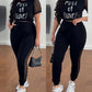 2 Pieces Letter Print Round Neck Sheer Mesh Patchwork Top and Casual Pocket Design Slim Fit Pants Set