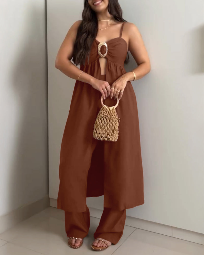 2 Pieces Outfit V Neck Sleeveless Shirred Metal Ring Decor Top and Casual High Waist Wide Leg Pants Set