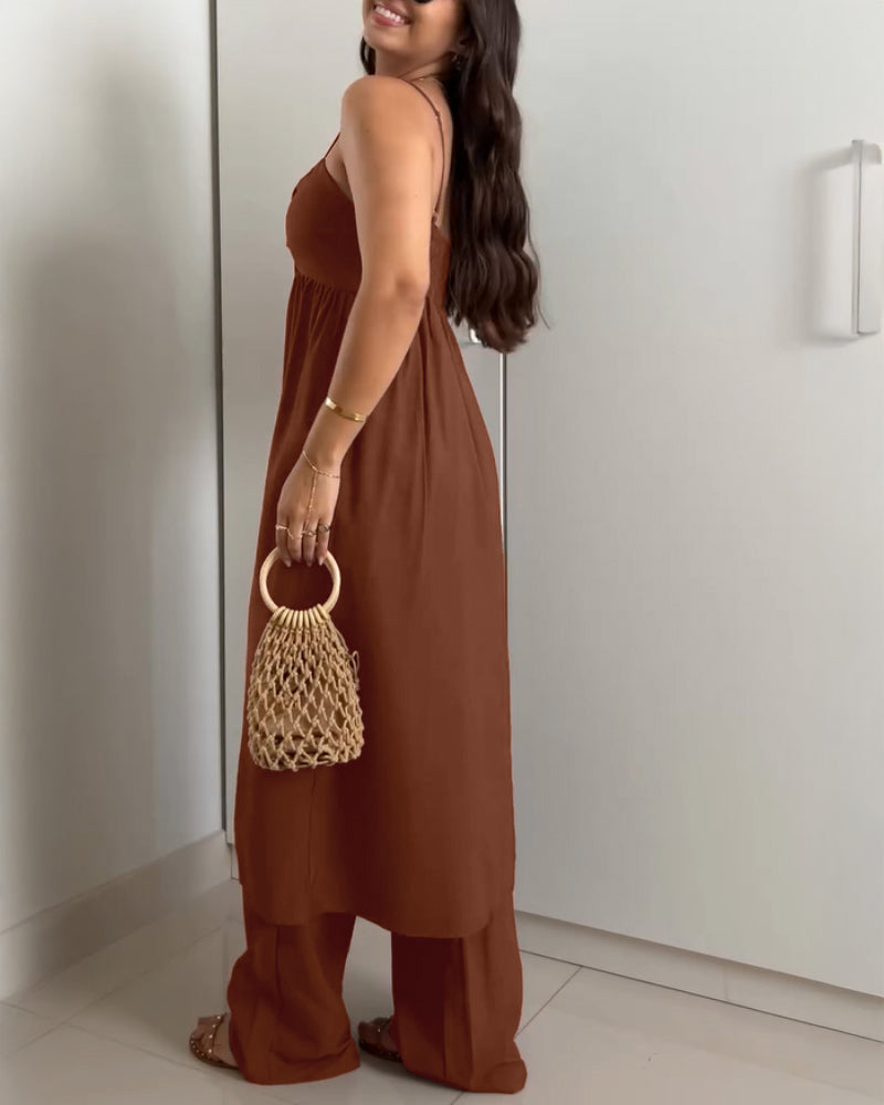 2 Pieces Outfit V Neck Sleeveless Shirred Metal Ring Decor Top and Casual High Waist Wide Leg Pants Set