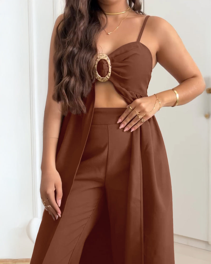 2 Pieces Outfit V Neck Sleeveless Shirred Metal Ring Decor Top and Casual High Waist Wide Leg Pants Set