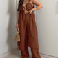 2 Pieces Outfit V Neck Sleeveless Shirred Metal Ring Decor Top and Casual High Waist Wide Leg Pants Set