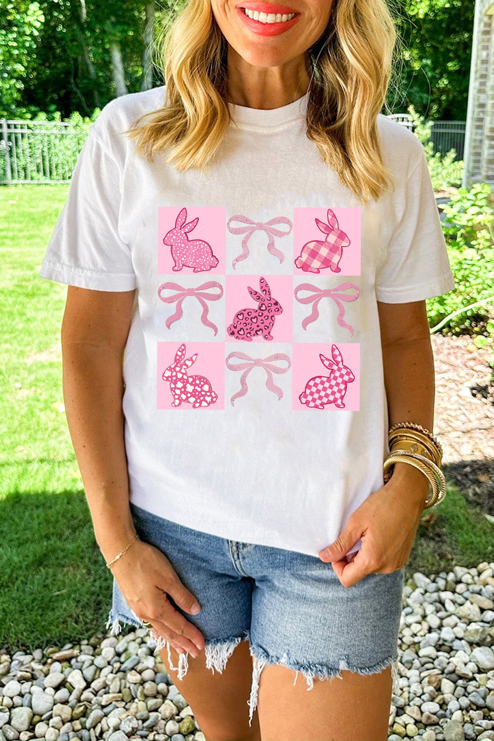 White Bunny Bowknot Graphic Easter Fashion T Shirt