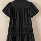 Black Shirt Style Button Down Puff Sleeve Ruffle Hem Dress