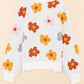 White Sweet Flower Knitted Ribbed Hem Sweater