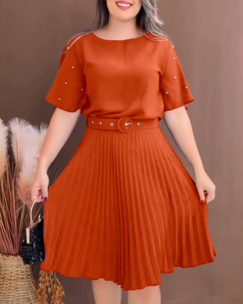 Pearl Decor Short Sleeve Ruched Waist Pleated Dress with Belt