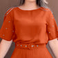 Pearl Decor Short Sleeve Ruched Waist Pleated Dress with Belt