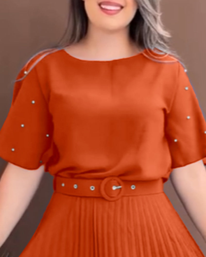 Pearl Decor Short Sleeve Ruched Waist Pleated Dress with Belt