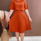 Pearl Decor Short Sleeve Ruched Waist Pleated Dress with Belt
