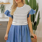 Black Stripe Ruffle Denim Patchwork Round Neck Mini Dress
