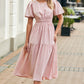 Pink Puff Sleeve Pleated High Waist Flowy Long Dress