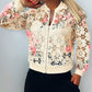 Floral Print Baseball Collar Zip Up Water Soluble Lace Coat Casual Hollow out Bomber Jacket