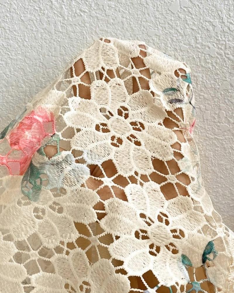 Floral Print Baseball Collar Zip Up Water Soluble Lace Coat Casual Hollow out Bomber Jacket