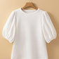 White Solid Textured O Neck Puff Sleeve Blouse