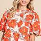 Orange Floral Bubble Sleeve Frill Neck Loose Blouse