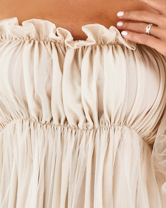 Off Shoulder Frill Trim Sheer Mesh Swing Dress