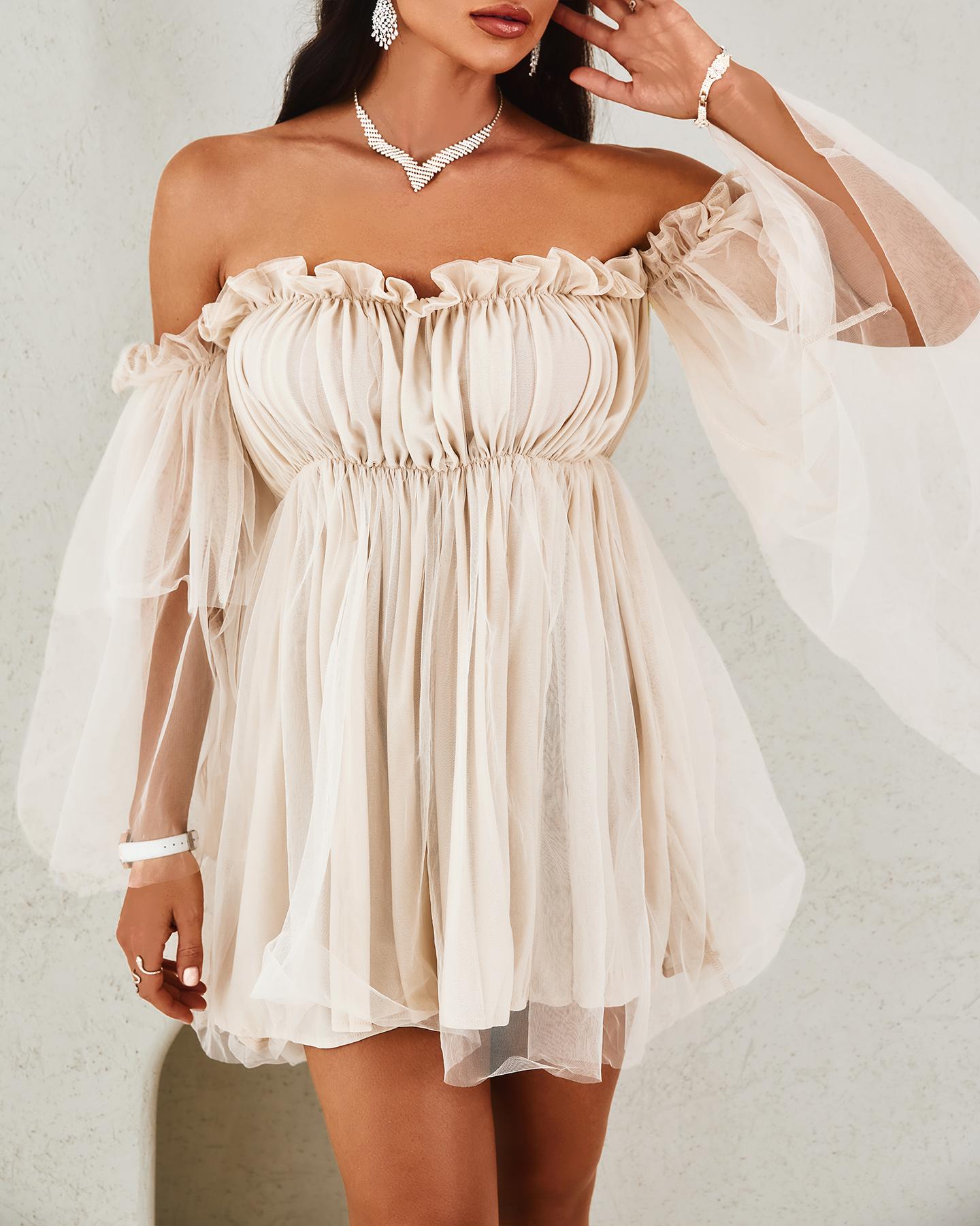 Off Shoulder Frill Trim Sheer Mesh Swing Dress